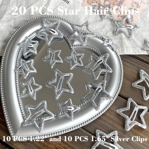 20 PCS Sparkling 1.22" and 1.65"Star Hair Clips Snap Hair Accessories Non Slip Clips for Girls Women Y2K Accessories Silver Metal Hair Clip Hair Barrettes - color: Glitter Silver 1.22" 1.65"（20PCS)