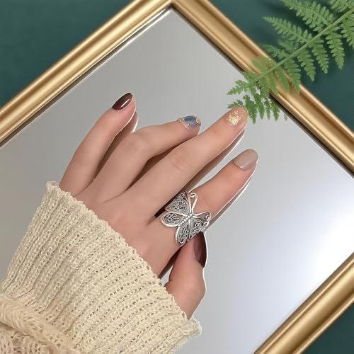 Butterfly Wrap Rings,Butterfly Ring for Women, Adjustable Open Carved Texture Butterfly Ring,Vintage Metal Insects Knuckle Finger Rings,Cute Animal Ring,Statement Jewelry Gifts for Women - color: Silver
