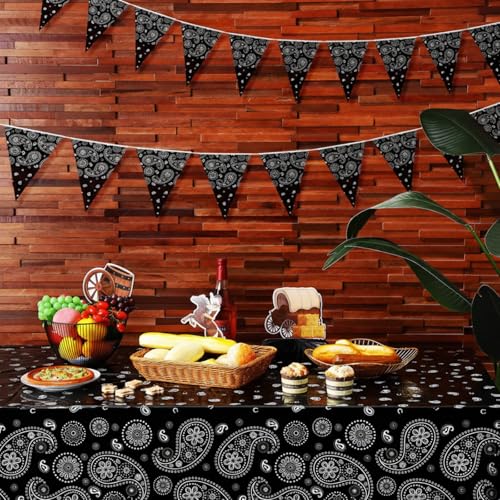Western Party Tablecloth Paisley Table Cover Bandana Plastic Table Cloth Rectangle Floral Tablecloth for Western Cowboy Themed Party Decorations, 108 X 54 Inches (Black, 3 Pack) - color: Black