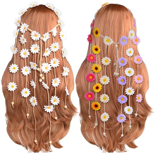 Sucrain 2pcs Flower Hippie Headband Floral Crown Summer Sunflower Hair Accessories for 70s Bohemian Costumes Style for Women (White+Colorful) - color: White+Colorful