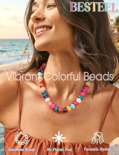 Besteel Chunky Beaded Necklace for Women - Colorful Resin Bead Choker Statement Necklaces with Gold Conch Heart Pendant Trendy Boho Large Summer Beach Jewelry - style: Colorful