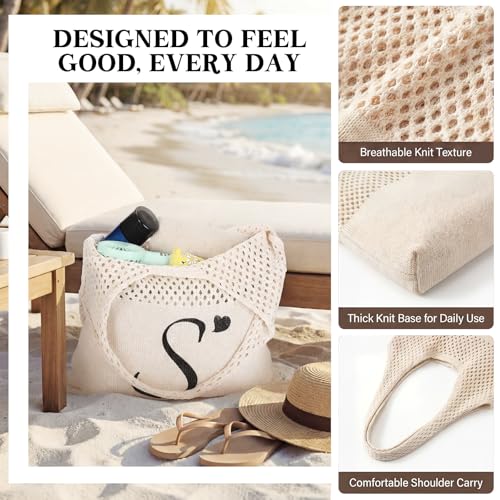 Shinylin Personalized Crochet Tote Bag for Beach Women Beige Mesh Knit Shoulder Bag Boho Aesthetic Tote for Women - style: Letter S
