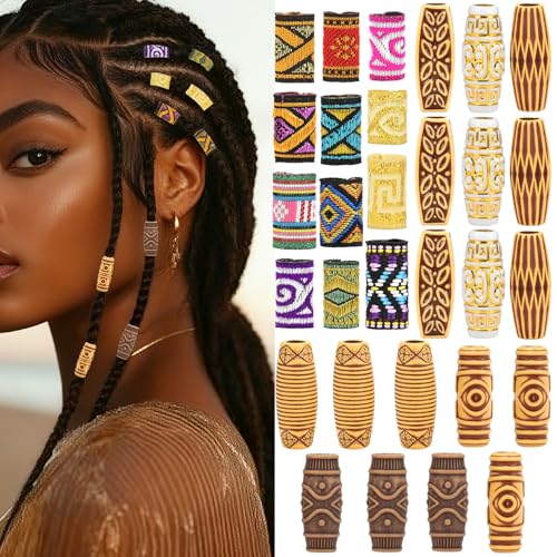 CooBigo 30pcs Hair Beads for Braids, 18 Plastic + 12 Fabric African Hair Dreadlock Beads Loc Hair Jewelry Imitation Wood Tube for Women Men Dreadlock Accessories Necklace Bag DIY Crafts - color: 18 Styles Total of 30pcs