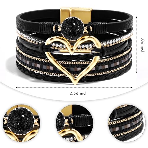 VIBILIA Boho Leather Wrap Bracelets for Women Multi-Layer Bracelets with Strong Clasp Jewelry for Women - color: 01-Heart-Black