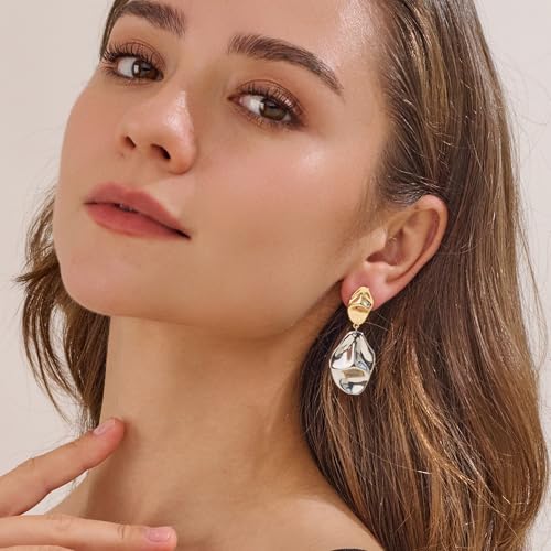 MUYAN Gold and Silver Boho Hammered Dangling Earrings for Women Modern Statement Finish Dangle Drop Earrings Jewelry - color: Drop Two Tone