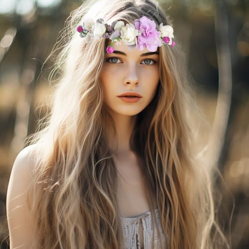 Vivivalue Floral Crown Headband Flower Headpiece Hair Wreath Floral Halo Boho with Ribbon Wedding Party Photos Prom Lavander - color: 75