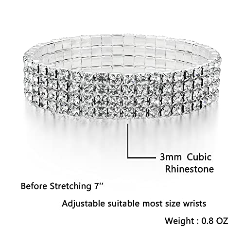 Zealmer Sparkle Multicolor Rhinestone Stackable Stretch Bracelets for Women - color: 4 Row Silver Bracelet