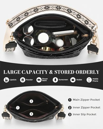 Crossbody Bags For Women, Vegan Leather Crossbody Purses with Boho Strap, Daily Travel Shoulder Handbag - color: Black