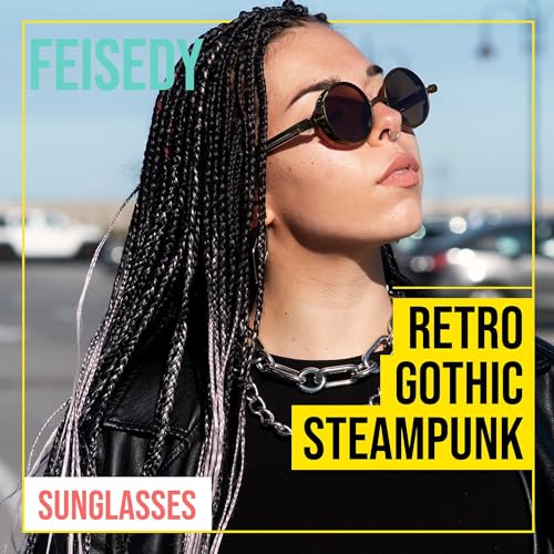 FEISEDY Retro Gothic Steampunk Sunglasses Round Metal Frame Punk Circle Inspired Shade Men B1857 - color: Bronze/Tea