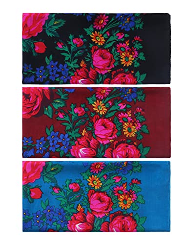 MJ SERECA Acrylic Bandana Printed Hair Scarf Square Ukrainian Head Scarf Floral Babushka Neck Scarf for Women 30"/42"/60" - color: 3 Pack-a 30"