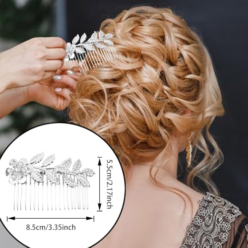 5 PCS Leaf Hair Side Combs Gold Rhinestone Hair Comb Clips with Teeth Wedding Headpiece Hair Accessories for Women, Girls, Bride, Bridesmaid(Silver) - color: Silver