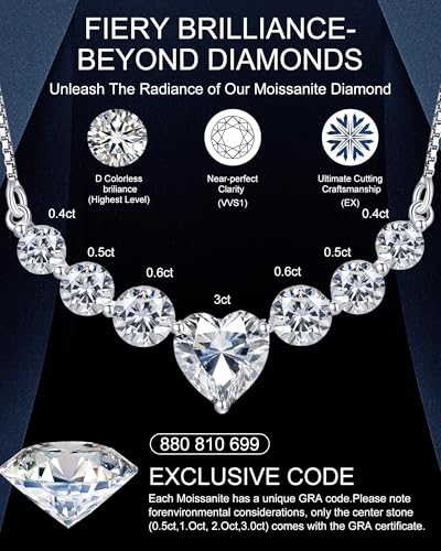 Moissanite Necklace for Women, 1.7-7.6 Carat Heart Necklace Engraved 'I LOVE YOU' Gift for Wife, Wedding Anniversary Birthday Gifts for Women, Jewelry Gifts for Her Wife Mom Girlfriend Lady - style: Heart Moissanite-6 Carats