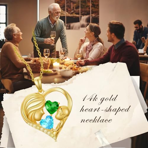 Mothers Day Gifts 14K Yellow Gold Mother Daughter Heart Pendant Necklace with 12 Months Birthstone Birthday Gifts for Mom Anniversarry Jewelry for Mom Wife Girlfriend - color: 03-05-Mar-May Birthstone