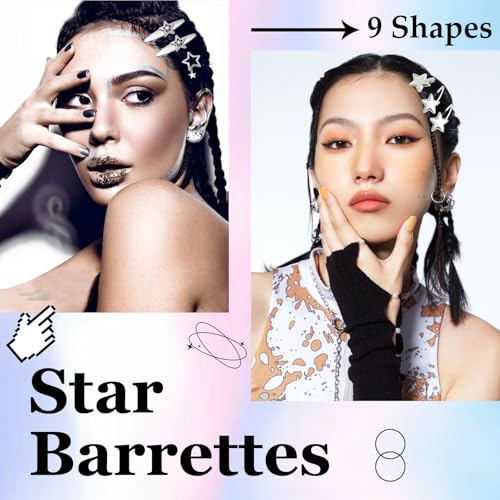 Canitor Y2k Star Hair Clips Cute Kawaii Metal Punk Snap Clips Barrettes for Women Teen Girl Silver Goth Emo 2000s Grunge Rave Kpop Fashion Hair Accessories for Concert Outfit (silver 18pcs) - color: silver 18pcs