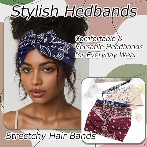 6 Pack Boho Wide Headbands for Women Colorful Paisley Twist Hair Bands Stretchy Cross Head Turban Bandana Non Slip Exercise Hair Wraps Accessories - color: Multicolor-4