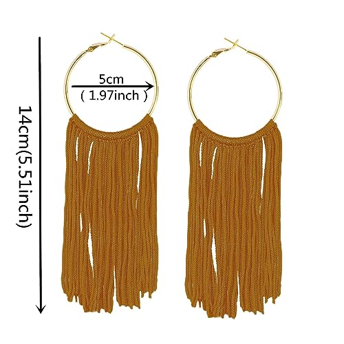 Boho Long Tassel Dangle Earrings for Women Lightweight Circle Hoop Silky Thread Fringe Drop Statemen Earrings - color: dark yellow