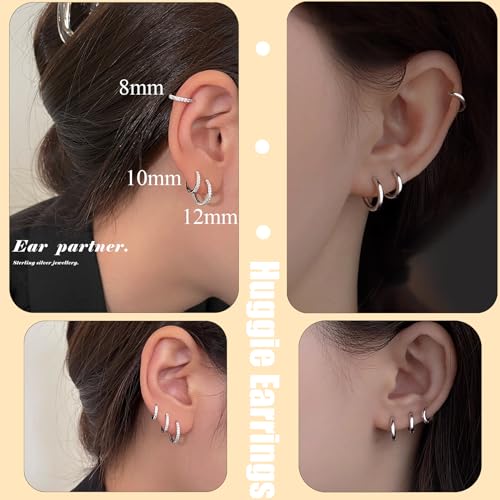 Cocadant 6 Pairs 925 Sterling Silver Small Hoop Earrings for Women,14k Real Gold Hypoallergenic Tiny Cubic Zirconia Cartilage Huggie Earring Sets for Multiple Piercing Trendy Jewelry 8/10/12mm - color: 6 Pairs Silver,8mm 10mm 12mm