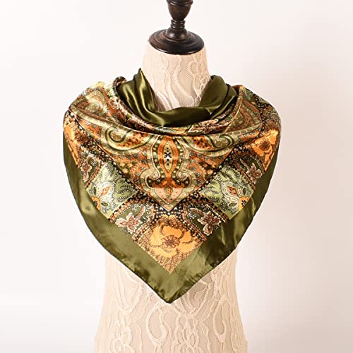 35 x 35 Women's Fashion Pattern Large Square Silk Like Hair Scarf Head Sleeping Wrap Satin Neck Bandana for Gift… - color: Big Cashew Army Green