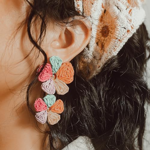 Boho Flower Earrings Statement Raffia Dangle Earrings Cute Floral Jewelry Trendy Summer Beach Vacation Outfits for Women - color: Colorful