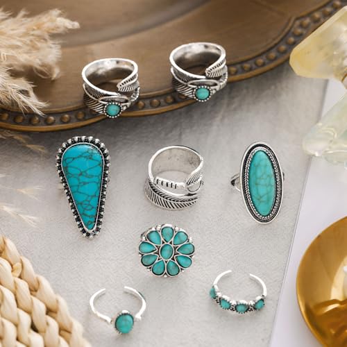 Bohemian Turquoise Ring for Women Stackable Vintage Chunky Boho Turquoise Ring Set Dainty Open Gemstone Knuckle Midi Finger Rings Western Statement Rings Jewelry - style: eight Water drop
