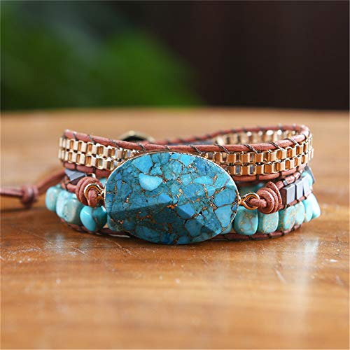 YGLINE Boho Handmade Wrap Leather Tube Crystal Stone Bracelet for Women - color: Turquoise