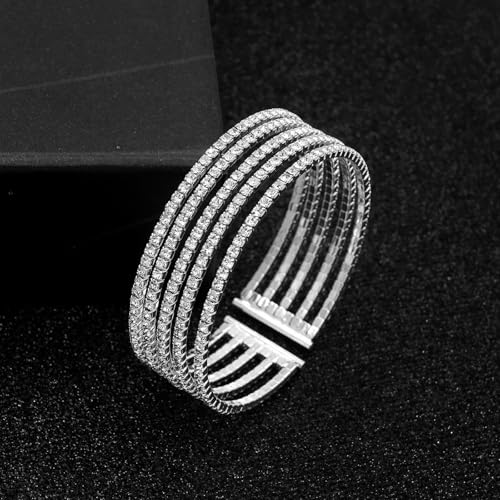 Women's Multi-Layer Rhinestone Cuff Bracelet Sparkling Crystal Tennis Bangle for Bridal Wedding Party - color: 1182 Silver