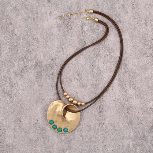 Boho Necklaces for Women Chunky Circle Necklace Layered Boho Circle Leather Choker Necklace Long Vintage Necklaces Bohemian Jewlery Gifts - style: Bohemian Style Necklaces