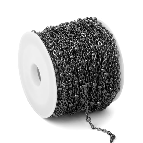 33 Feet Gunmetal Satellite Chains Bulk, 2mm 304 Stainless Steel Black Ball Beaded Cable Links Chain Roll Spool for Jewelry Making DIY Craft - color: Black Small Beads Satellite Cable Chain