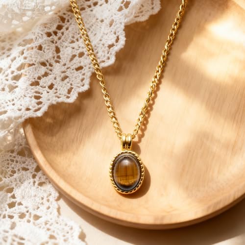 14k gold Vintage Tiger's Eye Pendant Necklace - size: Mini