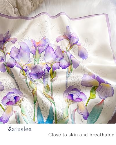 Saiusloa Neck Scarf For Womens Silky Head Scarves Hair Bandanas Square Scarf Fashion Accessories lightweight - color: 17-purple Irises With Purple Edges