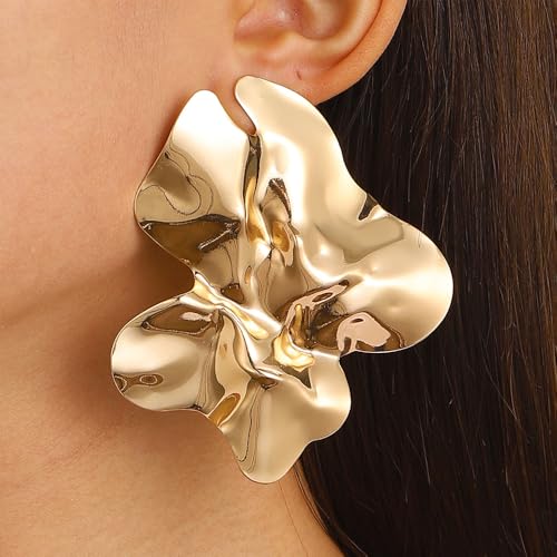 Statement Chunky Gold Large Silver Earrings for Women Trendy, Big Irregular Geometric Dainty Liquid Metal Stud Earrings Simple Prom Party Jewelry Gift - color: Gold -Large