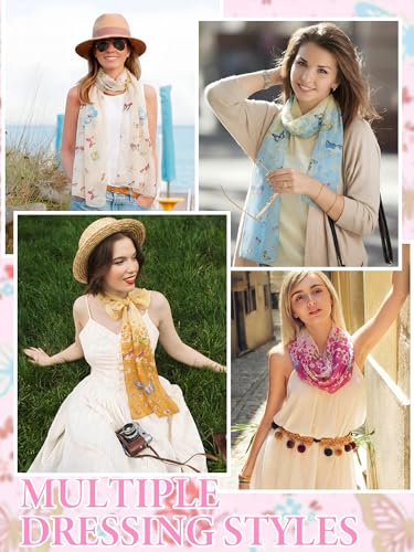 6 Pieces Scarves for Women Ladies Lightweight Silk Gorgeous Floral Pattern Lotus Print Chiffon Scarves - color: Multi Butterfly