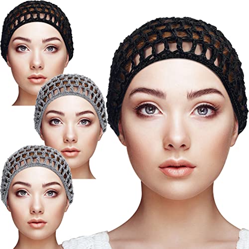 Geyoga 4 Pieces Mesh Crochet Hair Net Rayon Knit Snood Hat Thick Short Women Hairnet Snoods Cover Ornament for Sleeping (Black, Gray) - color: Black, Gray
