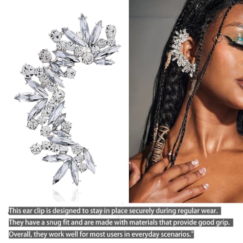 Rhinestone Silver Full Ear Cuff Earrings for Women Ear Clip Wrap Statement Climber Crawler Earrings for Women Hypoallergenic Silver Wedding Jewelry Gifts - color: Right Silver
