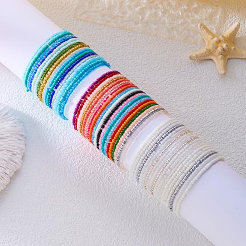 Fuqimanman2020 17Pcs Elastic Beaded Handmade Bracelets Bohemian Stackable Beaded Stretch Bracelets Colorful Rainbow Seed Beach Anket Bracelet Set Summer Jewelry for Women - color: Blue