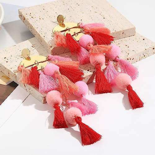 Long Tassel Earrings for Women Colorful Fringe Drop Dangle Earrings Bohemian Hawaiian Summer Beach Jewelry for Womens Vacation Outfits - color: Pink