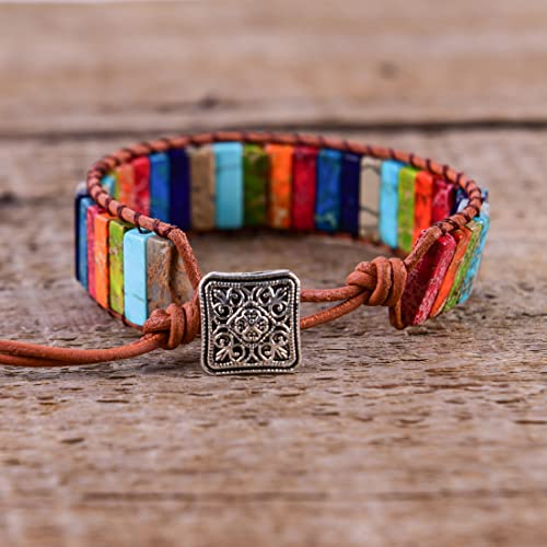 YGLINE Boho Handmade Wrap Leather Tube Crystal Stone Bracelet for Women - color: chakra stone