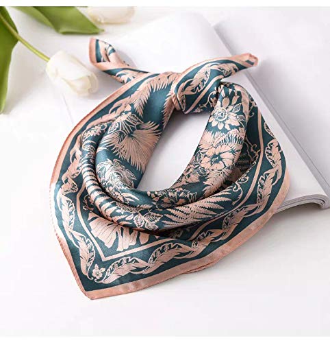 ANDANTINO 100% Mulberry Silk Scarf -21” Square Neckerchief with Gift Packed - color: 1-blue&pink Leaves