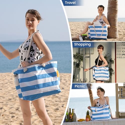 Clothirily Beach Bag for Women - Large Beach Tote Bag, Waterproof Sandproof Beach Bag with Zipper, Large Swim Pool Beach Tote - color: Sky Blue