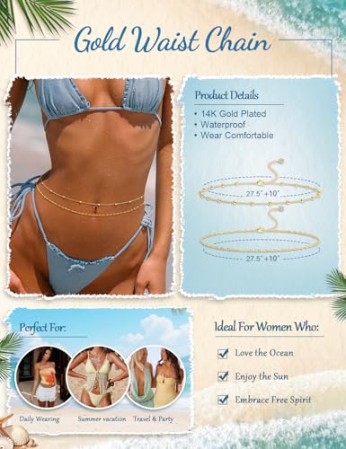Gold Waist Chain for Women, Trendy Layered Belly Chain Jewelry, Adjustable Body Chain for Beach & Summer Outfit - style: Gold Style 4