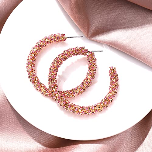 Rhinestone Hoop Earring for Women Sparkly Crystal Wrapped Hoop Dangle Earrings Statement Boho Gold Black Plated CZ Hoop Earring - color: B: Pink