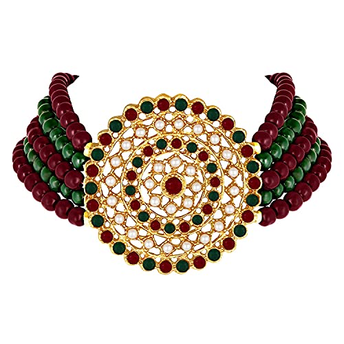 Aheli Pearl Diamond Choker Necklace & Round Earrings Gift for Women Indian Traditional Bollywood Fashion Bharatanatyam jewellery set - color: Green & Red