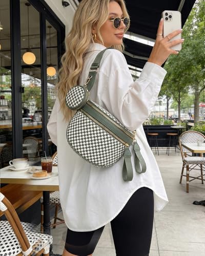 Valentoria Large Woven Leather Crossbody Bags for Women Checkered Bum Bag Sling Bag Purse Adjustable Strap Detachable Wallet | Woven - color: Green&white Checkered
