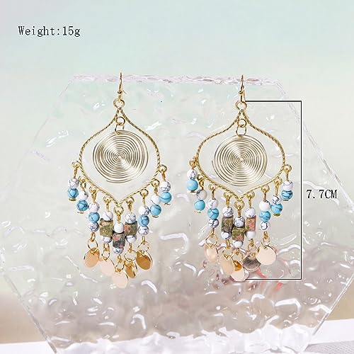 Bohemian Long Tassel Turquoise Beads Water Drop Dangle Earrings For Women Vintage Sbb Copper Coil Necklace Mujer Exaggerated Earring - color: Style 1