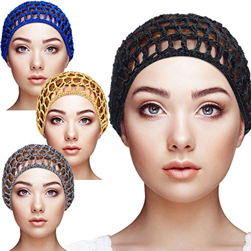 4 Pieces Mesh Crochet Hair Net Rayon Knit Snood Hat Thick Short Women Hairnet Snoods Cover Ornament for Sleeping (Black, Blue, Gray, Khaki) - color: Black, Blue, Gray, Khaki
