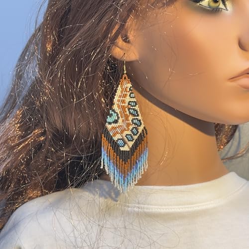 Handmade Seed Beaded Earrings, Lightweight Boho Fringe Dangle Earrings, Glass Bead Drop Jewelry for Everyday Wear & Party, Women Gifts - color: Feather-Brown