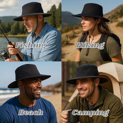 Wide Brim Nylon Sun Hat for Men Women Premium Packable Outdoor Fishing Hiking Hat Breathable Vent Holes Foldable for Beach - color: Black