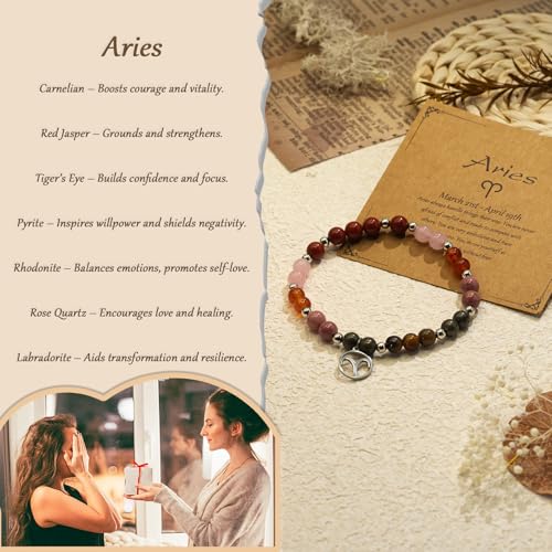 Zodiac Natural Stone Bracelet – Handmade Crystal Healing Bracelet with Zodiac Charm – Adjustable Beaded Jewelry Gift for Women Men Girls - color: Aries