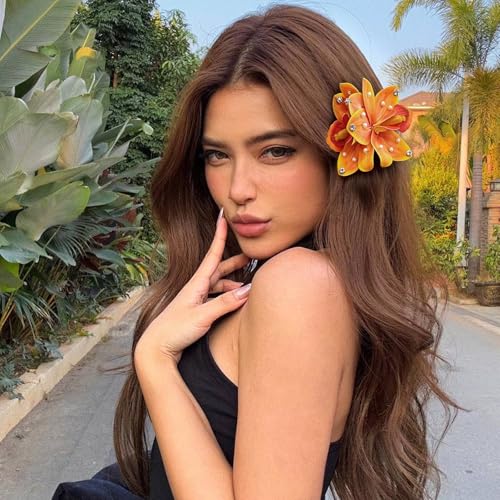 3 PCS Hawaiian Flower Hair Clips for Women，Artificial Flower Clips tropical party decorations，Hibiscus Hair Accessories for Wedding Bridal Beach Party - Orchid & Lily - color: Orchid & Lily