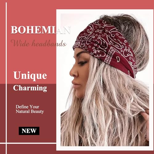 AKTVSHOW 7'' Wide Bandana Headbands for Women, Fashion Paisley Turban Headbands for Thick Hair Non Slip Womens Large Cloth Hairbands Fabric Hair Scarves Headwrap Boho Accessories - color: Bohemian Love